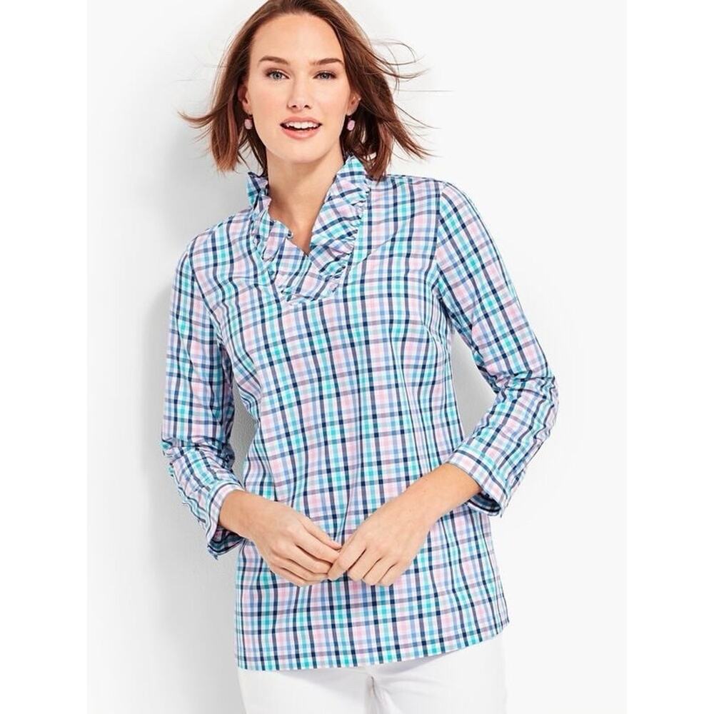 Talbots Women’s Non Iron Ruffle Neck Popover Tunic Top Gingham Size 4
